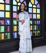All over foliage embroidery white and grey silk saree with chanderi borders