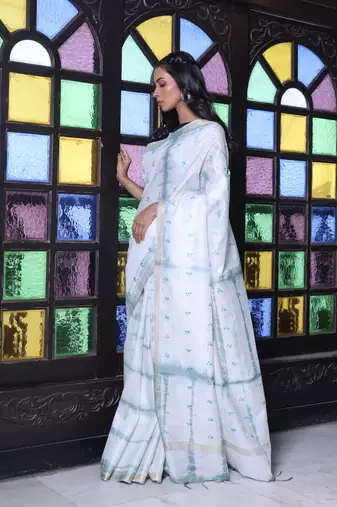 All over foliage embroidery white and grey silk saree with chanderi borders