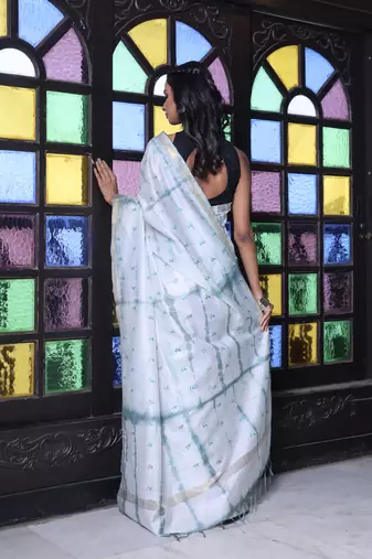 All over foliage embroidery white and grey silk saree with chanderi borders