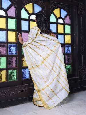 All over foliage embroidery white and mustard silk saree with chanderi borders 3