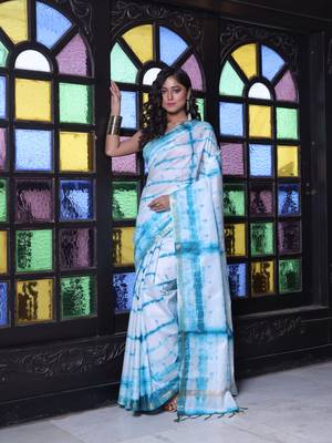 All over foliage embroidery white and sky blue silk saree with chanderi borders 1