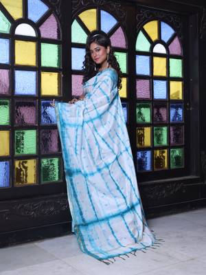 All over foliage embroidery white and sky blue silk saree with chanderi borders 2