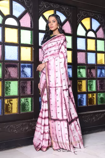 All over foliage embroidery white and wine silk saree with chanderi borders