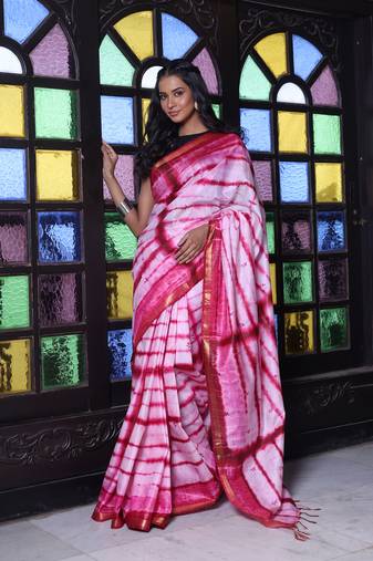All over foliage embroidery white and dark red silk saree with chanderi borders