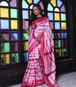 All over foliage embroidery white and dark red silk saree with chanderi borders