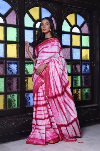 All over foliage embroidery white and dark red silk saree with chanderi borders