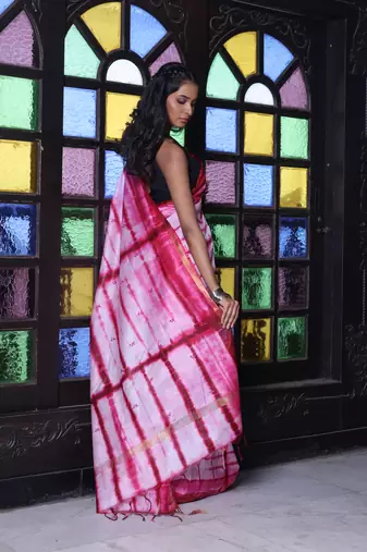 All over foliage embroidery white and dark red silk saree with chanderi borders