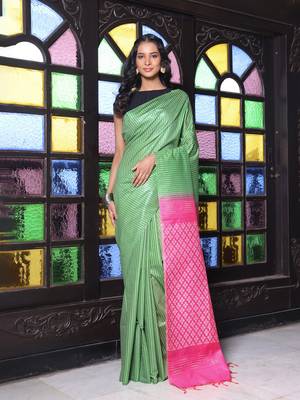 Green silk soft saree with stripes pattern 1