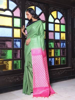 Green silk soft saree with stripes pattern 2