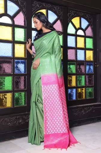 Green silk soft saree with stripes pattern