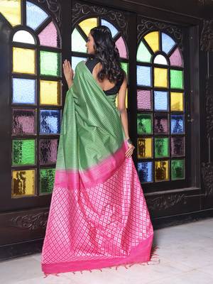 Green silk soft saree with stripes pattern 3