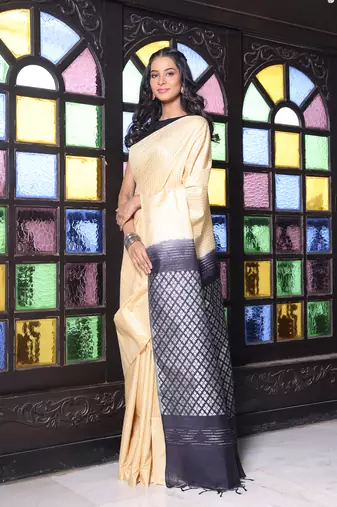 Beige silk soft saree with stripes pattern