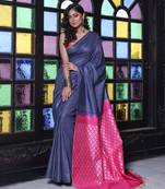 Navy blue silk soft saree with stripes pattern