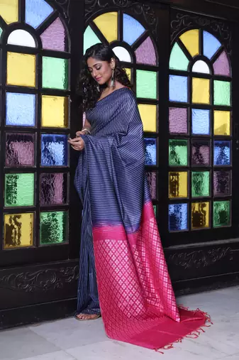 Navy blue silk soft saree with stripes pattern