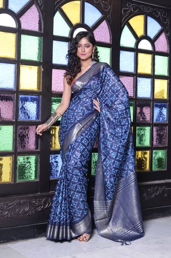 Navy blue silk soft saree with zari borders