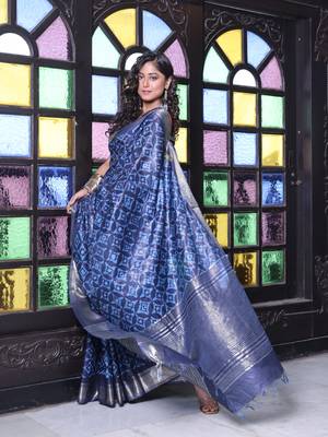 Navy blue silk soft saree with zari borders 2