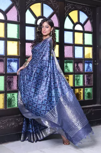 Navy blue silk soft saree with zari borders