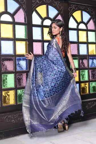 Navy blue silk soft saree with zari borders