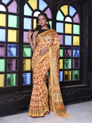 Yellow printed silk soft saree with printed borders 1