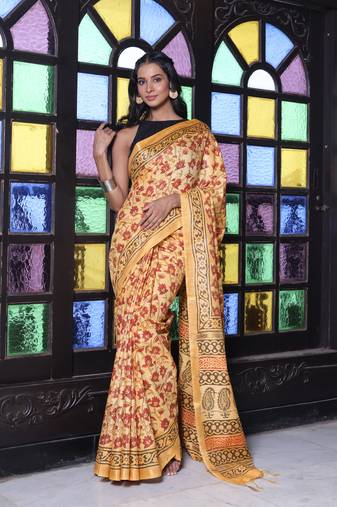 Yellow printed silk soft saree with printed borders