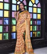 Yellow printed silk soft saree with printed borders