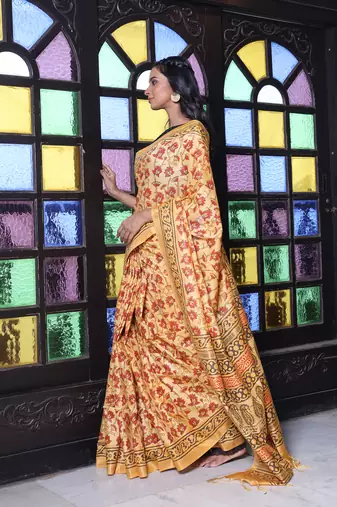 Yellow printed silk soft saree with printed borders