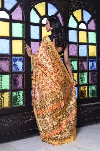 Yellow printed silk soft saree with printed borders