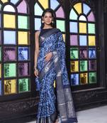 Navy blue printed silk soft saree with printed borders