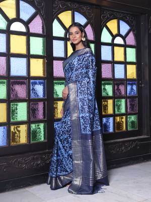 Navy blue printed silk soft saree with printed borders 2