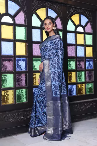 Navy blue printed silk soft saree with printed borders