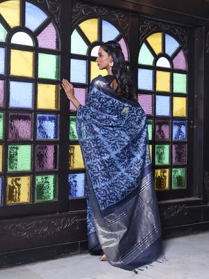 Navy blue printed silk soft saree with printed borders 3