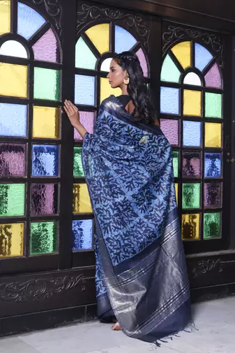 Navy blue printed silk soft saree with printed borders