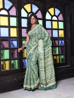 Green printed silk soft saree with printed borders 1