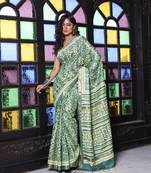 Green printed silk soft saree with printed borders