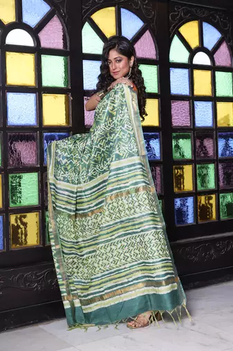 Green printed silk soft saree with printed borders