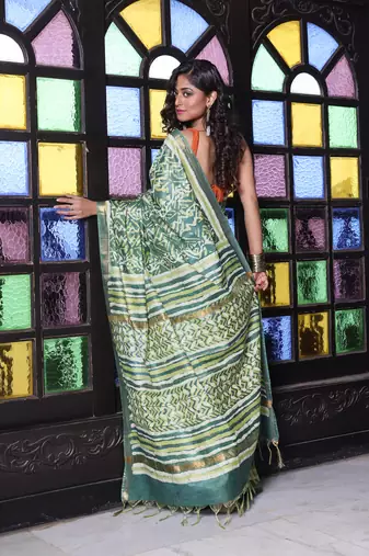 Green printed silk soft saree with printed borders