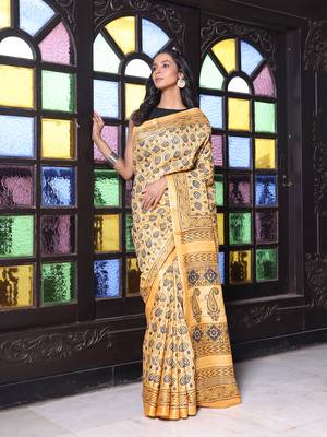Yellow printed silk soft saree with printed borders 1