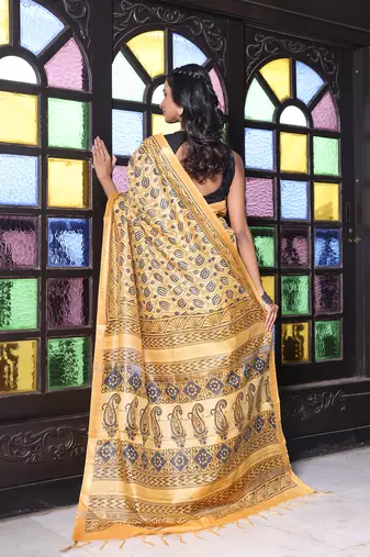 Yellow printed silk soft saree with printed borders