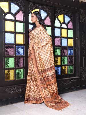 Beige printed silk soft saree with printed borders 2