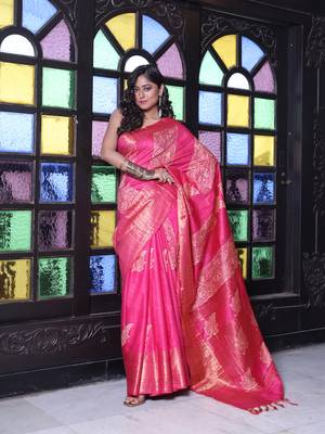 Fuchsia silk soft saree with zari borders 1