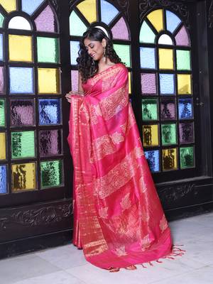 Fuchsia silk soft saree with zari borders 2