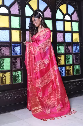 Fuchsia silk soft saree with zari borders