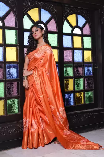 Orange silk soft saree with zari borders
