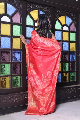Red silk soft saree with zari borders