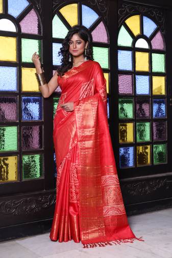 Red silk soft saree with zari borders