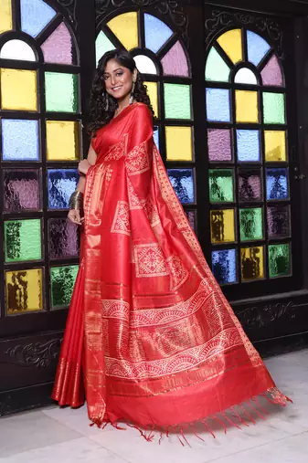 Red silk soft saree with zari borders