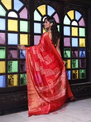 Red silk soft saree with zari borders 3