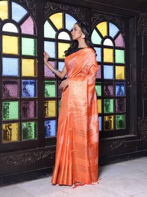 Orange silk soft saree with zari borders 2