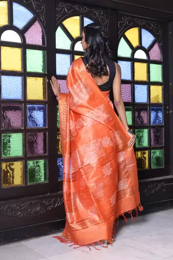 Orange silk soft saree with zari borders