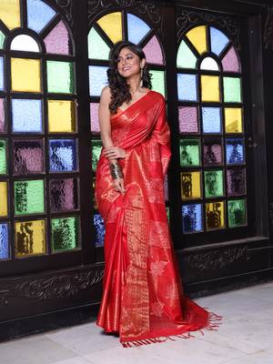 Red silk soft saree with zari borders 1